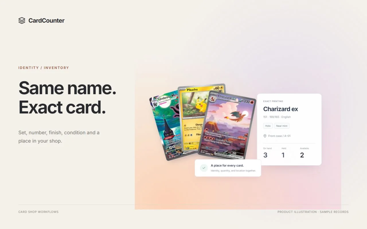CardCounter inventory workflow illustration with item identity, condition, quantities and a bin location