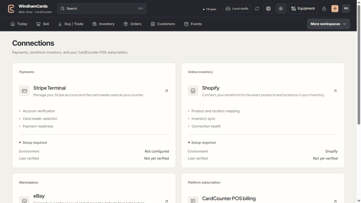 CardCounter connected-service cards for Stripe, Shopify, eBay and subscription billing