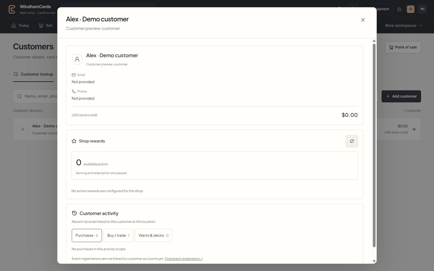 CardCounter customer workspace showing a clearly labelled demo customer and customer tools