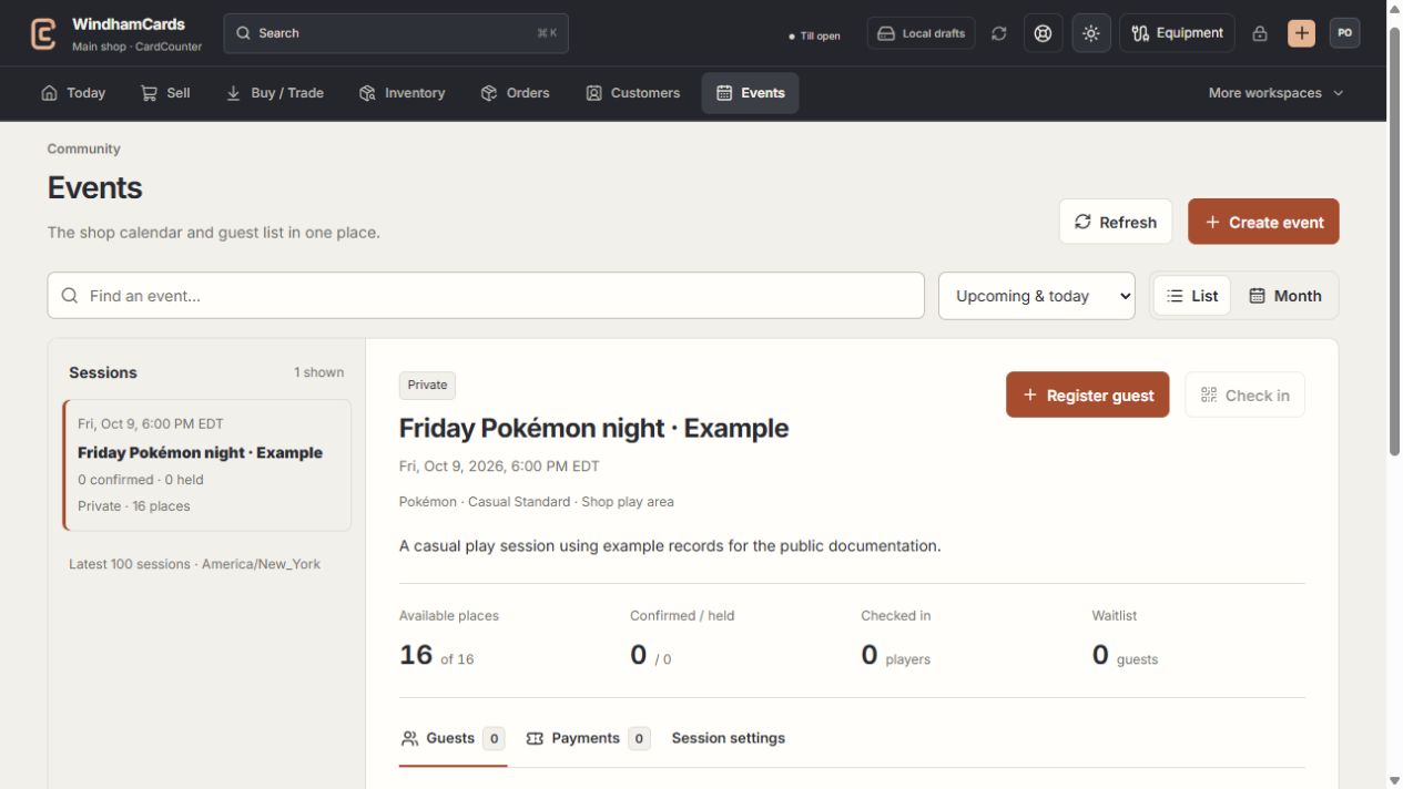CardCounter event calendar and session-management interface using sample data