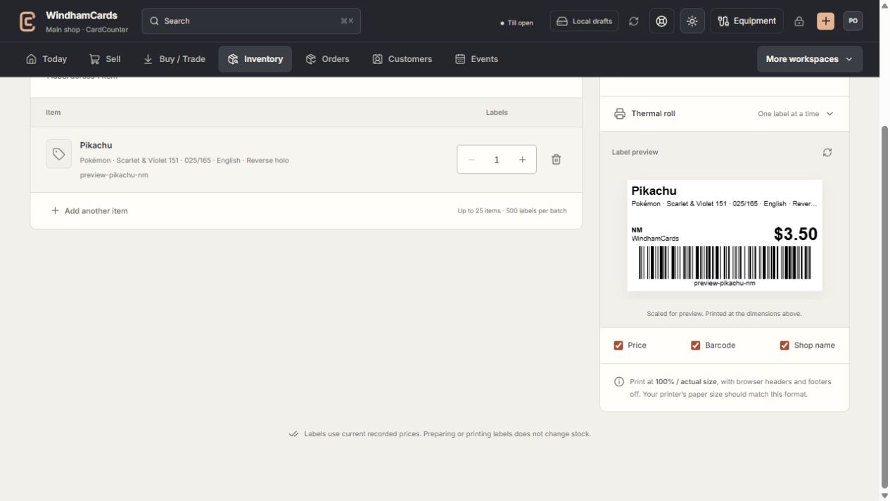 CardCounter inventory-label queue and format preview with one exact example SKU