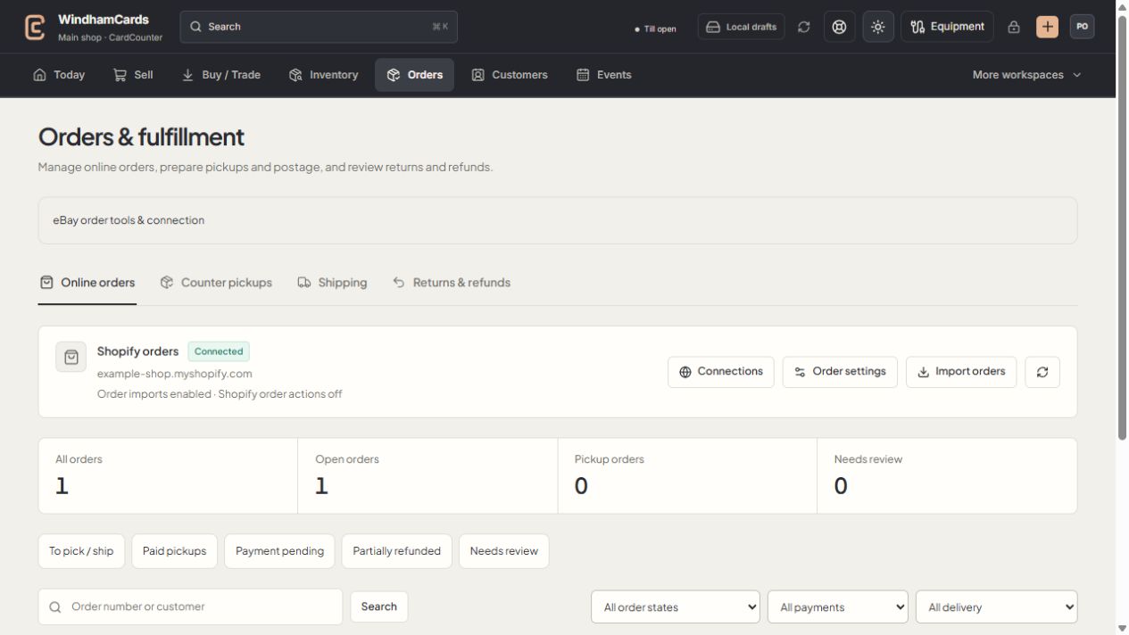 CardCounter order workspace showing online orders, counter pickups, shipping and returns
