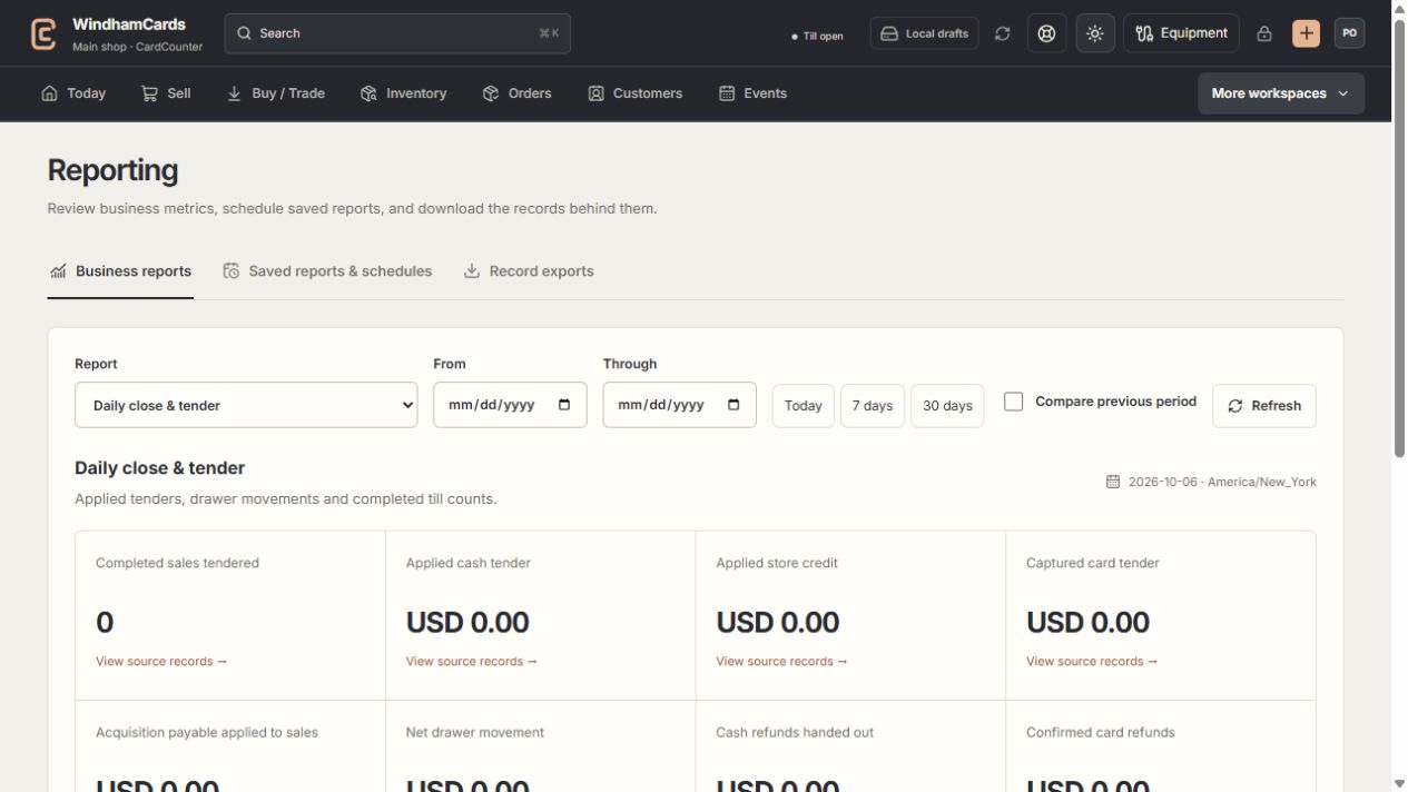 CardCounter business-reporting workspace with report selection and source-coverage review