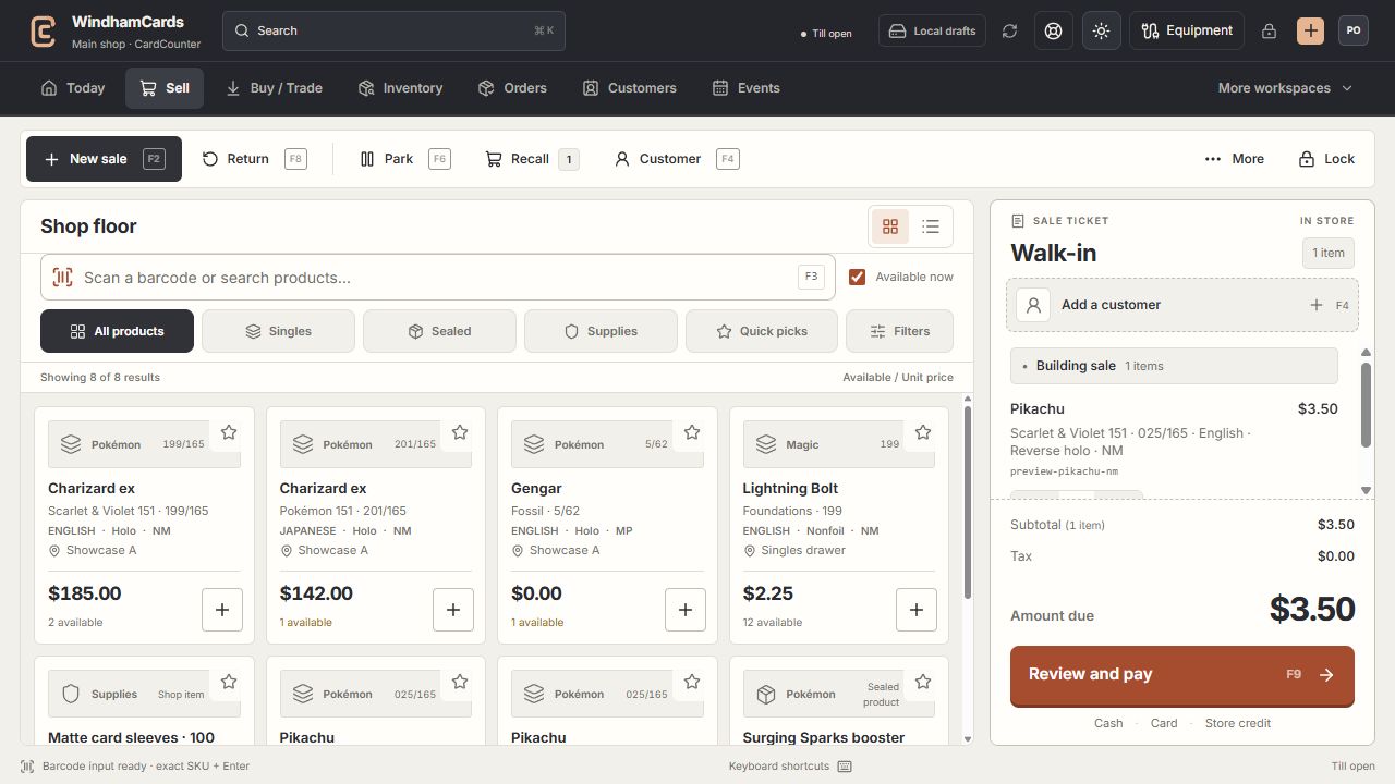 CardCounter selling workspace with sample Pokémon inventory and a one-item sale