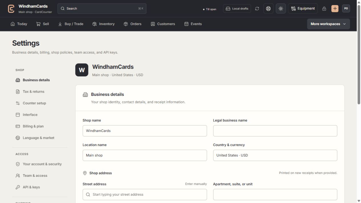CardCounter settings workspace with business, access, records and desktop sections