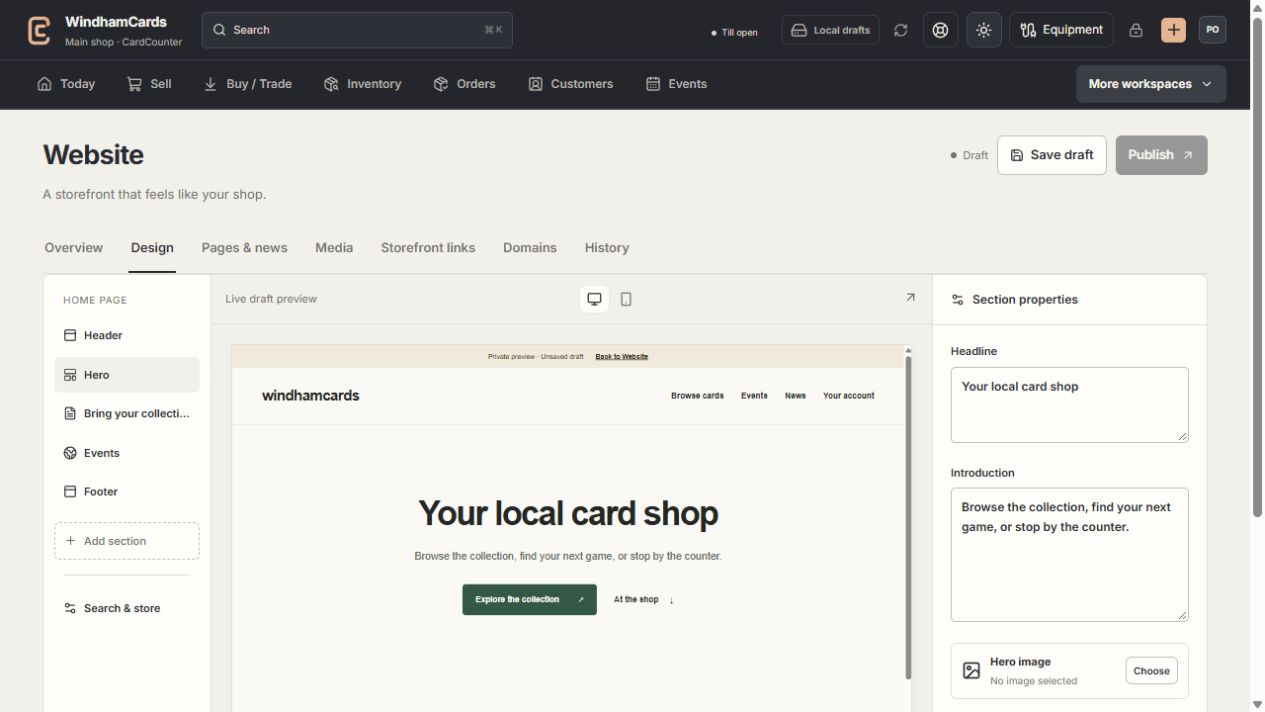 CardCounter website workspace with a private preview and draft content tools